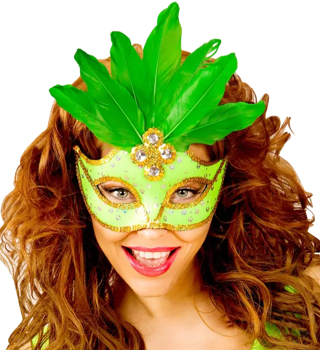 Masque Loup Carnaval Brésil Néon Vert avec Paillettes Or et Plumes – Accessoire Déguisement