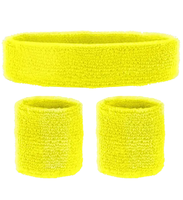 Set Complet Bandeaux Jaunes Néon – Bandeau et 2 Bandeaux de Poignet – Accessoire Déguisement Années 80