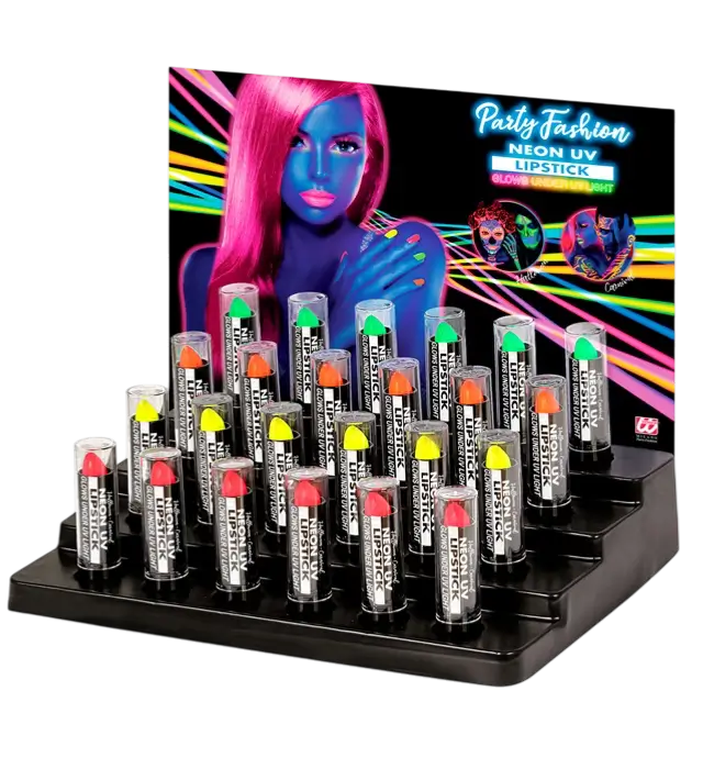 Boîte Display de 24 Rouges à Lèvres Fluo 6 ml – Rose, Jaune, Vert, Orange Néon – Maquillage Déguisement