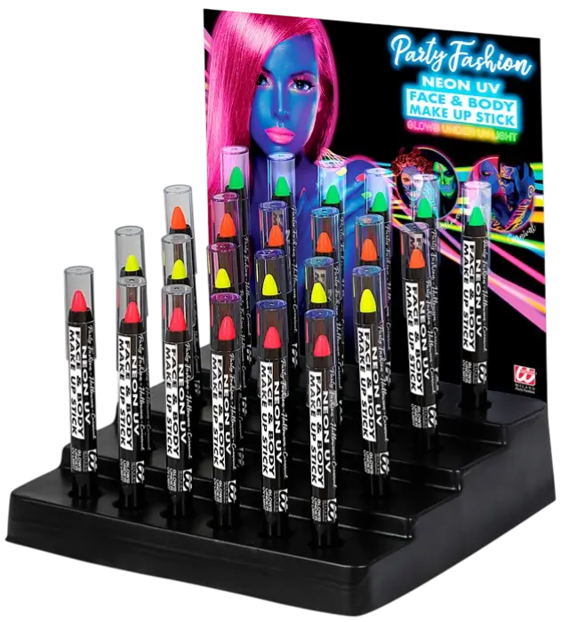 Boîte Display de 24 Crayons de Maquillage Fluo 3,5 ml – Rose, Jaune, Vert, Orange Néon – Maquillage Déguisement