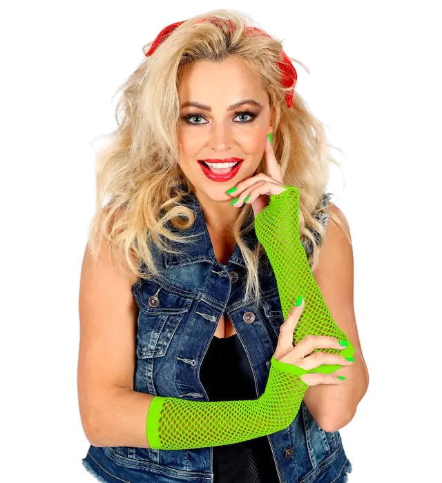 Gants Résille Vert Néon Sans Doigts 33 cm – Mitaines Filet – Accessoire Déguisement Années 80