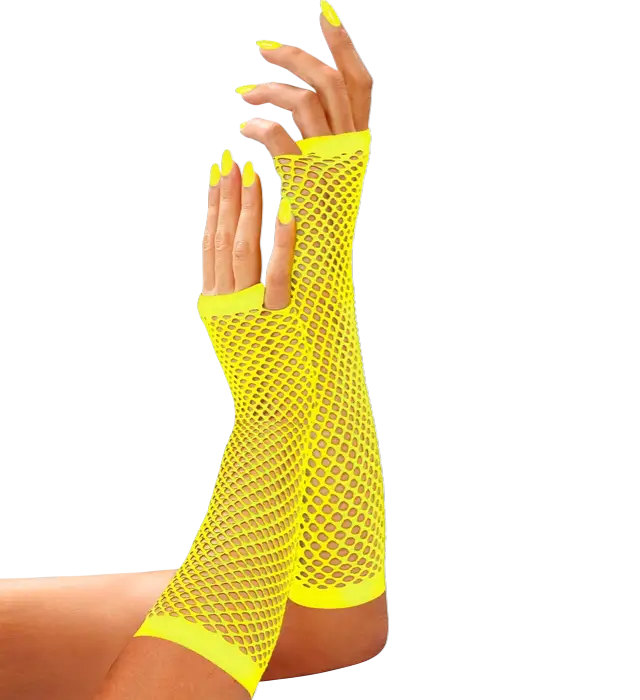 Gants Résille Jaune Néon Sans Doigts 33 cm – Mitaines Filet – Accessoire Déguisement Années 80