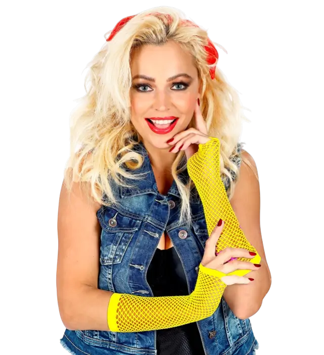 Gants Résille Jaune Néon Sans Doigts 33 cm – Mitaines Filet – Accessoire Déguisement Années 80