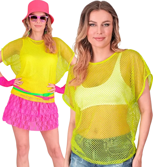 Chemise Résille Jaune Fluo – Chemise Filet – Déguisement Années 80 Disco