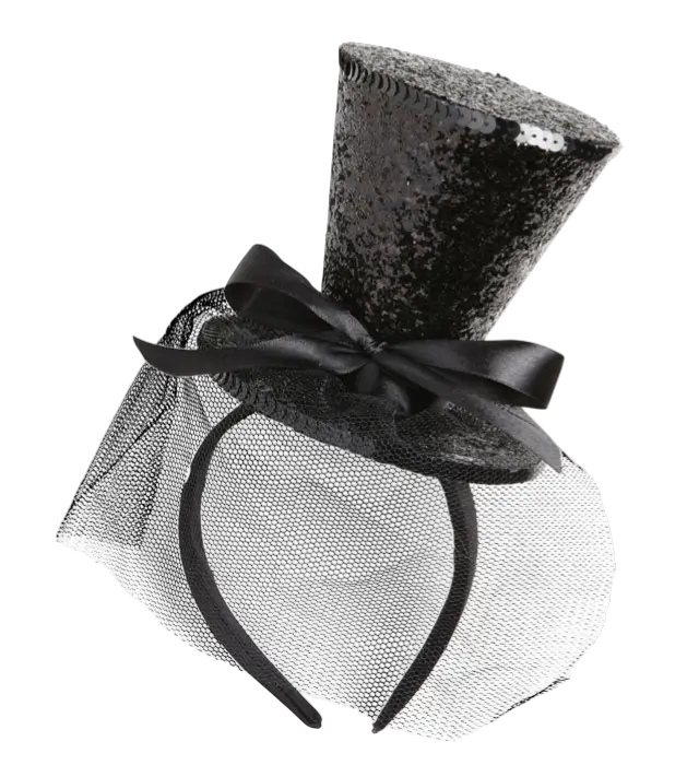 Mini Chapeau Noir à Paillettes sur Bandeau avec Nœud et Voile – Accessoire Déguisement Cabaret