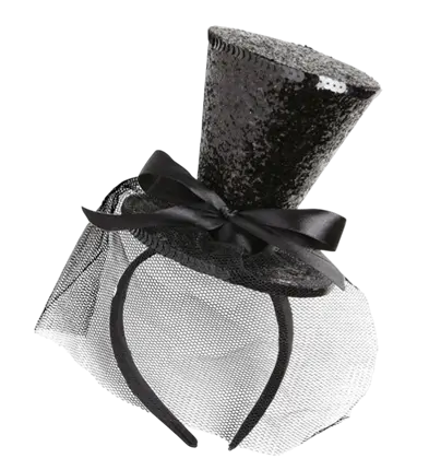 Mini Chapeau Noir à Paillettes sur Bandeau avec Nœud et Voile – Accessoire Déguisement Cabaret