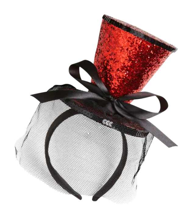 Mini Chapeau Rouge à Paillettes sur Bandeau avec Nœud et Voile – Accessoire Déguisement Cabaret