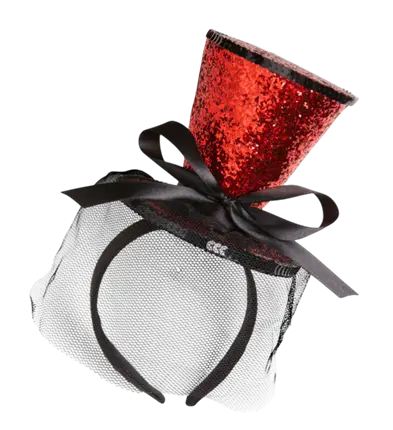 Mini Chapeau Rouge à Paillettes sur Bandeau avec Nœud et Voile – Accessoire Déguisement Cabaret
