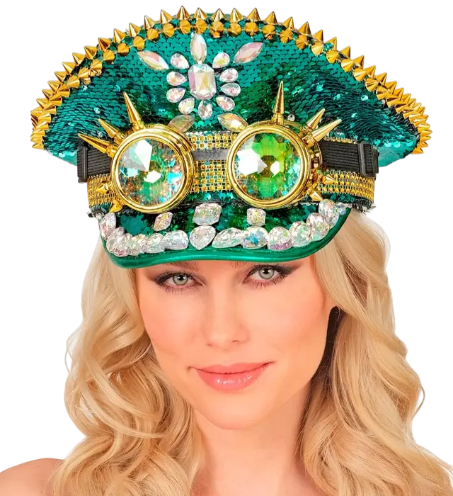 Casquette Festival Verte avec Pointes, Bijoux et Lunettes Kaléidoscopiques à Paillettes – Accessoire Déguisement