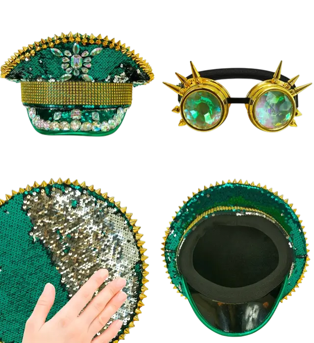 Casquette Festival Verte avec Pointes, Bijoux et Lunettes Kaléidoscopiques à Paillettes – Accessoire Déguisement