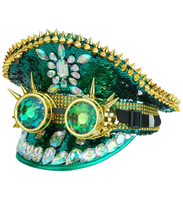 Casquette Festival Verte avec Pointes, Bijoux et Lunettes Kaléidoscopiques à Paillettes – Accessoire Déguisement