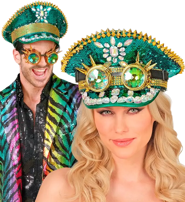 Casquette Festival Verte avec Pointes, Bijoux et Lunettes Kaléidoscopiques à Paillettes – Accessoire Déguisement