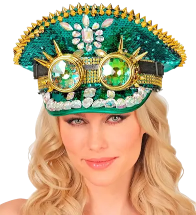 Casquette Festival Verte avec Pointes, Bijoux et Lunettes Kaléidoscopiques à Paillettes – Accessoire Déguisement