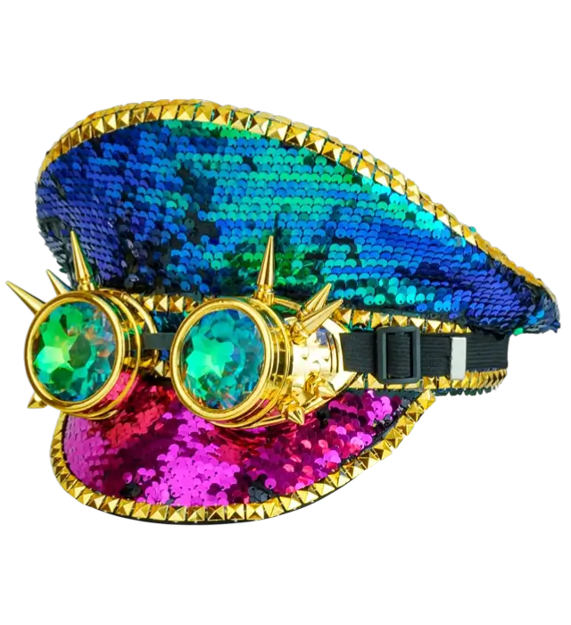 Chapeau Festival avec Clous et Lunettes Kaléidoscopiques à Pointes et Paillettes Multicolores – Accessoire Déguisement