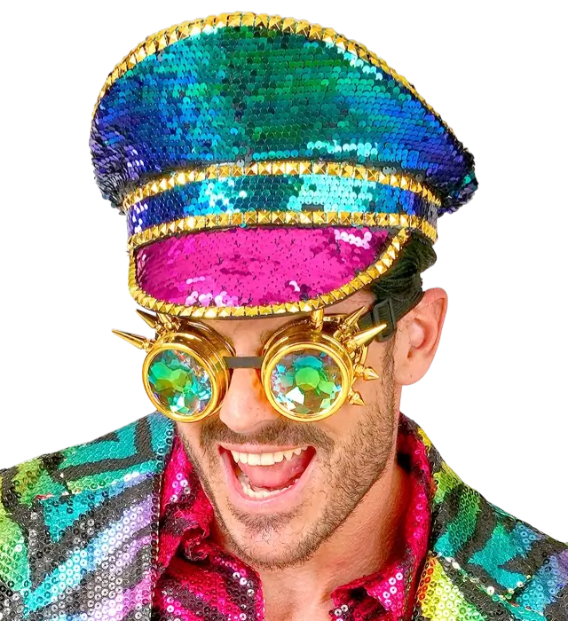 Chapeau Festival avec Clous et Lunettes Kaléidoscopiques à Pointes et Paillettes Multicolores – Accessoire Déguisement