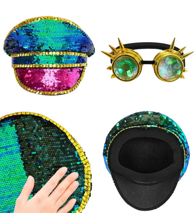 Chapeau Festival avec Clous et Lunettes Kaléidoscopiques à Pointes et Paillettes Multicolores – Accessoire Déguisement