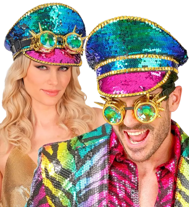 Chapeau Festival avec Clous et Lunettes Kaléidoscopiques à Pointes et Paillettes Multicolores – Accessoire Déguisement