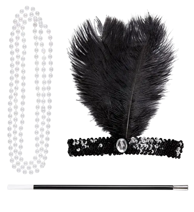 Kit Charleston Années 20 – Accessoires Déguisement Gatsby Femme (Bandeau, Collier, Porte-Cigarette)