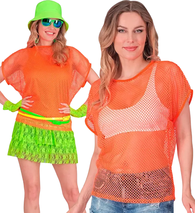 Chemise Résille Orange Fluo – Chemise Filet – Déguisement Années 80 Disco