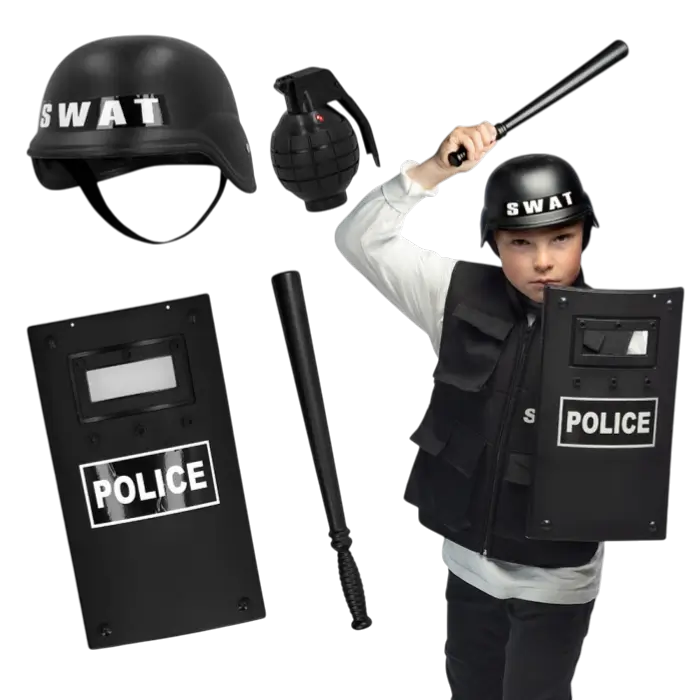 Kit Déguisement Enfant SWAT Police – Casque, Bouclier, Matraque et Grenade