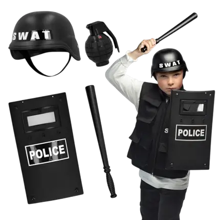 Kit Déguisement Enfant SWAT Police – Casque, Bouclier, Matraque et Grenade