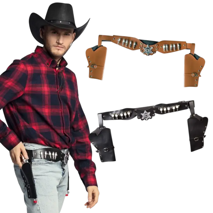 Ceinture Double Holster Cowboy Sheriff 125 cm – Étui Revolver Western Déguisement