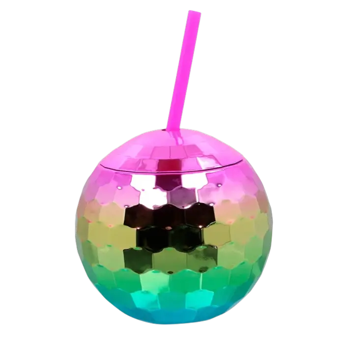 Gobelet Boule Disco Arc-en-ciel 60 cl – Verre Festif avec Paille