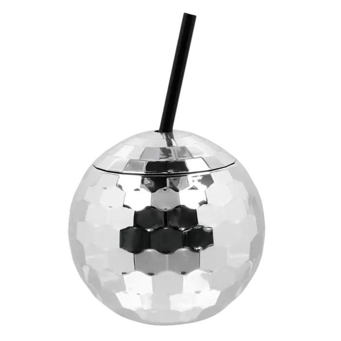 Gobelet Boule Disco Argent 60 cl – Verre Festif avec Paille