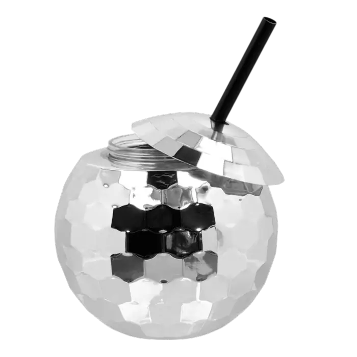 Gobelet Boule Disco Argent 60 cl – Verre Festif avec Paille