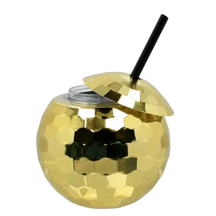 Gobelet Boule Disco Or 60 cl – Verre Festif avec Paille