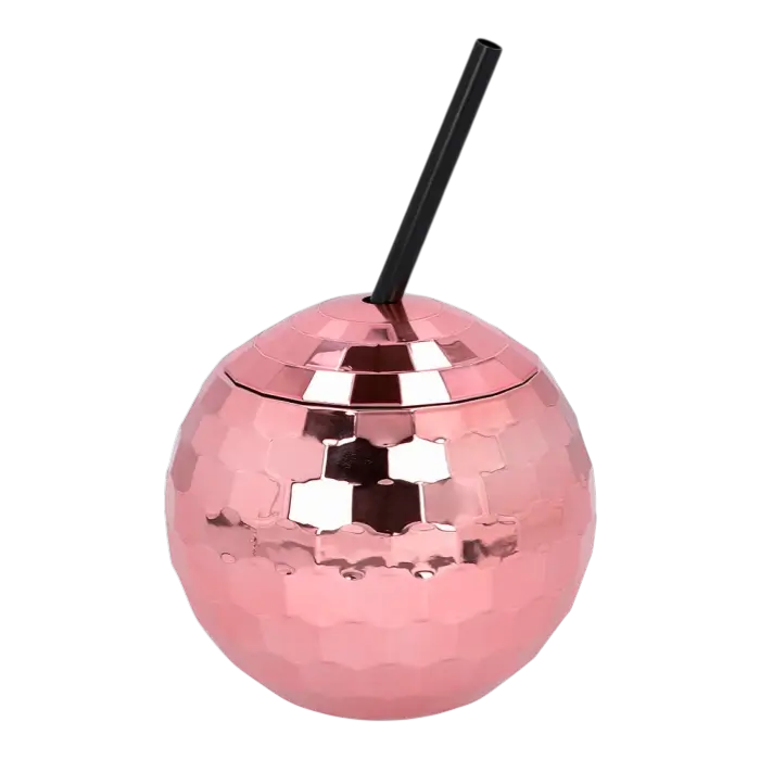 Gobelet Boule Disco Or Rose 60 cl – Verre Festif avec Paille