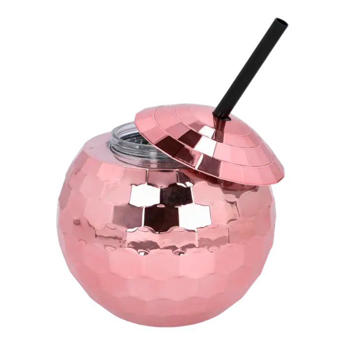Gobelet Boule Disco Or Rose 60 cl – Verre Festif avec Paille