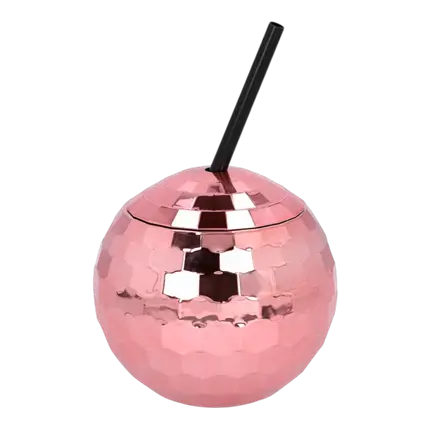 Gobelet Boule Disco Or Rose 60 cl – Verre Festif avec Paille