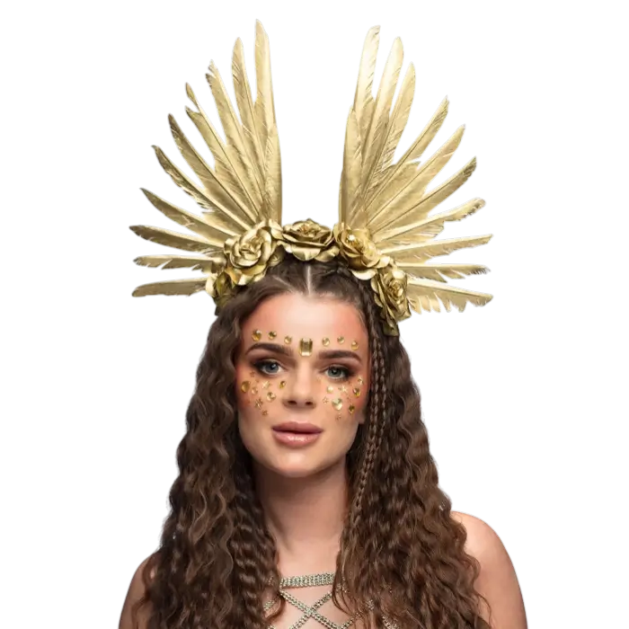 Couronne Halo Stella Dorée – Tiare Bohème Fleurs et Plumes Accessoire Festival