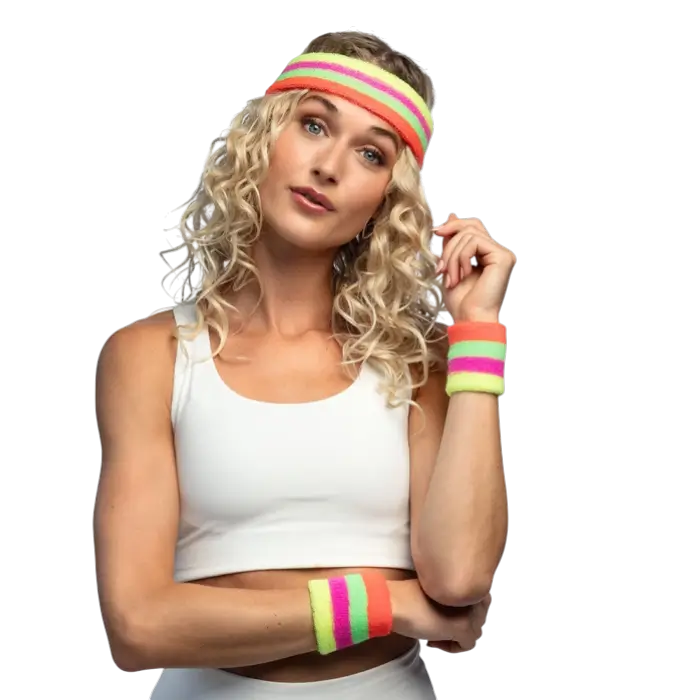 Lot de 3 Bandeaux Éponge Fluo Tricolore – Bandeau et Bracelets Années 80