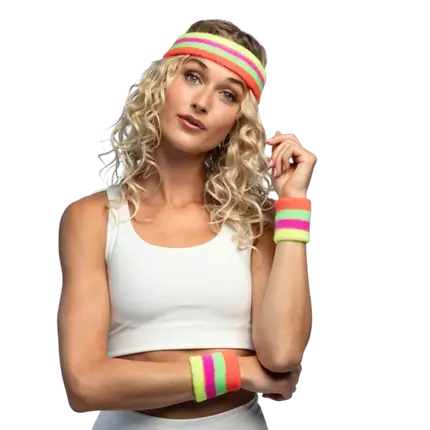Lot de 3 Bandeaux Éponge Fluo Tricolore – Bandeau et Bracelets Années 80