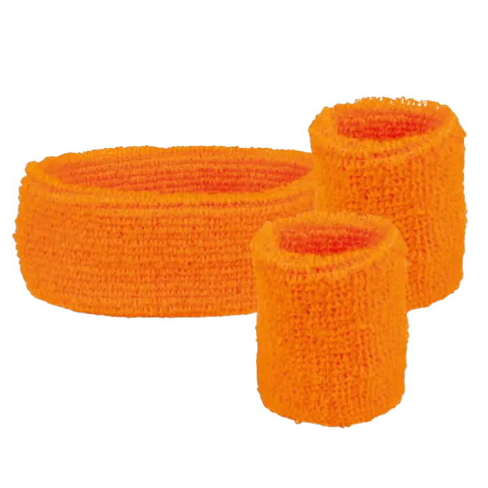 Lot de 3 Bandeaux Éponge Orange Fluo – Bandeau et Bracelets Années 80