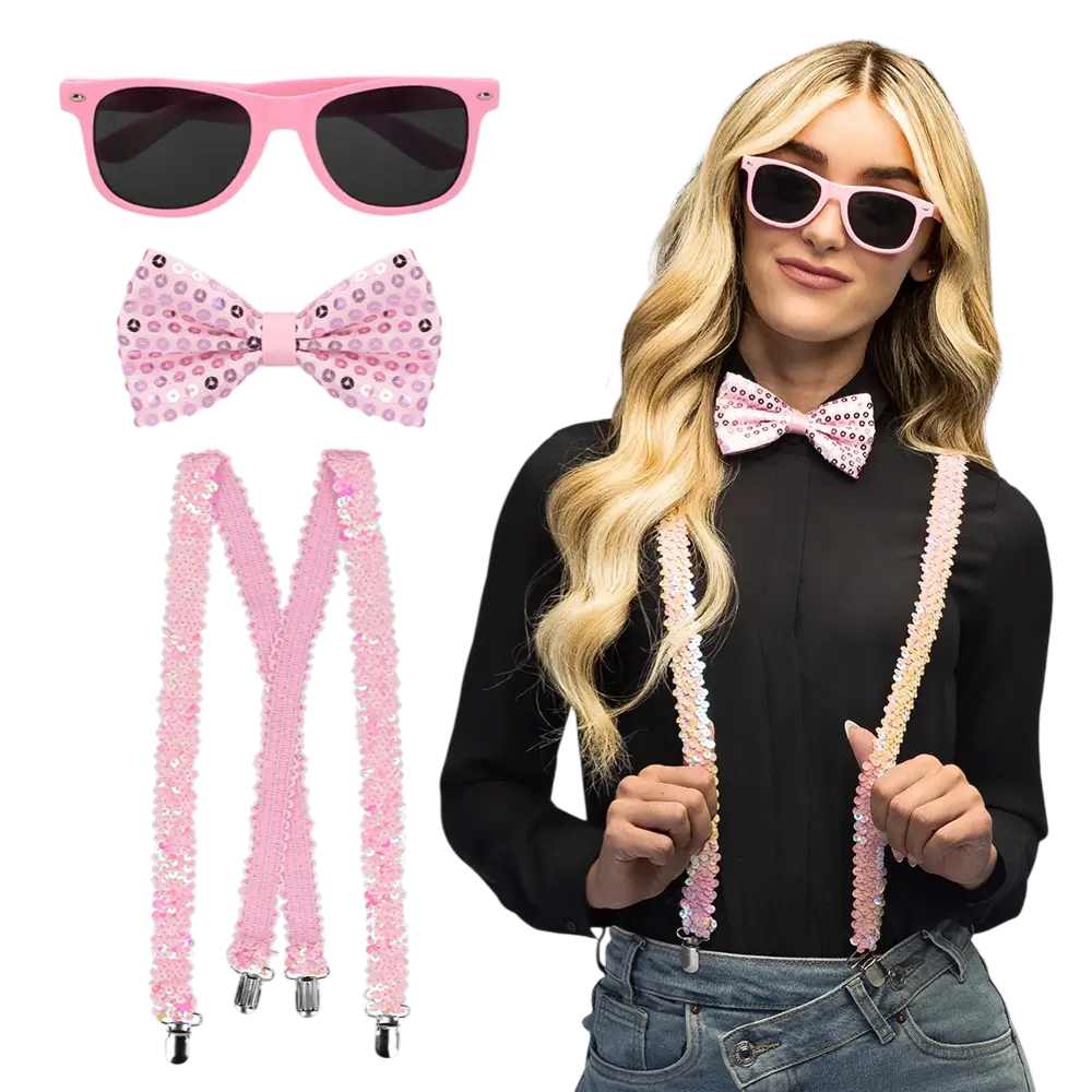 Kit Accessoires Paillettes Rose Clair – Lunettes, Nœud Papillon et Bretelles