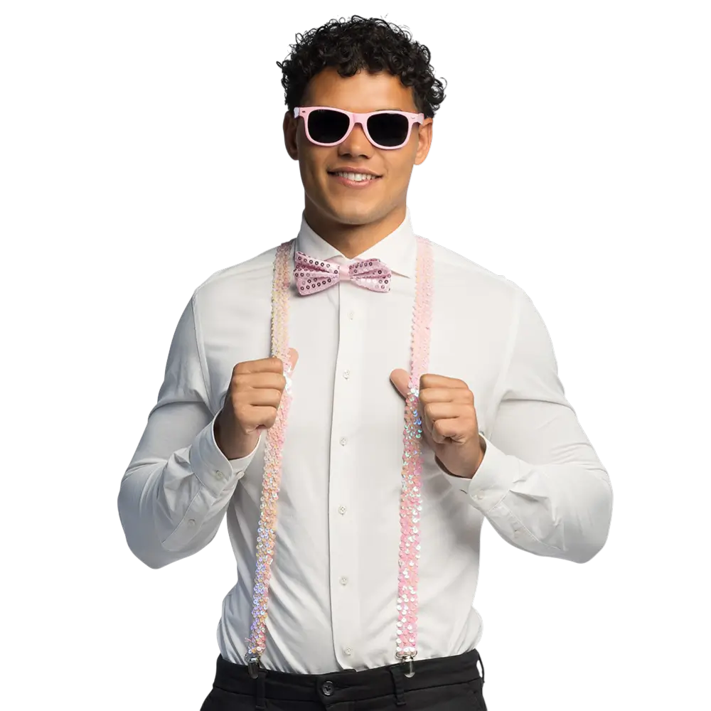 Kit Accessoires Paillettes Rose Clair – Lunettes, Nœud Papillon et Bretelles