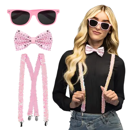 Kit Accessoires Paillettes Rose Clair – Lunettes, Nœud Papillon et Bretelles