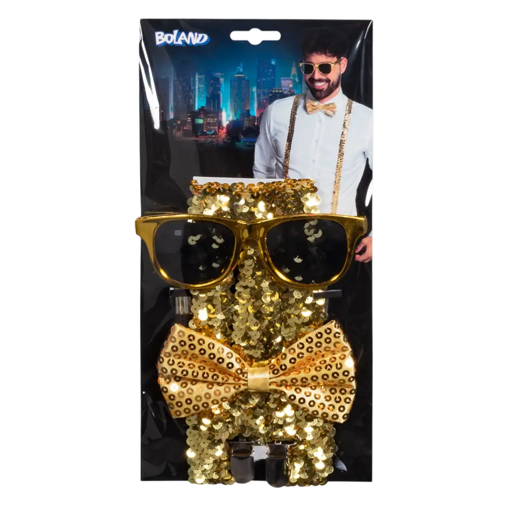 Kit Accessoires Paillettes Or – Lunettes, Nœud Papillon et Bretelles Disco