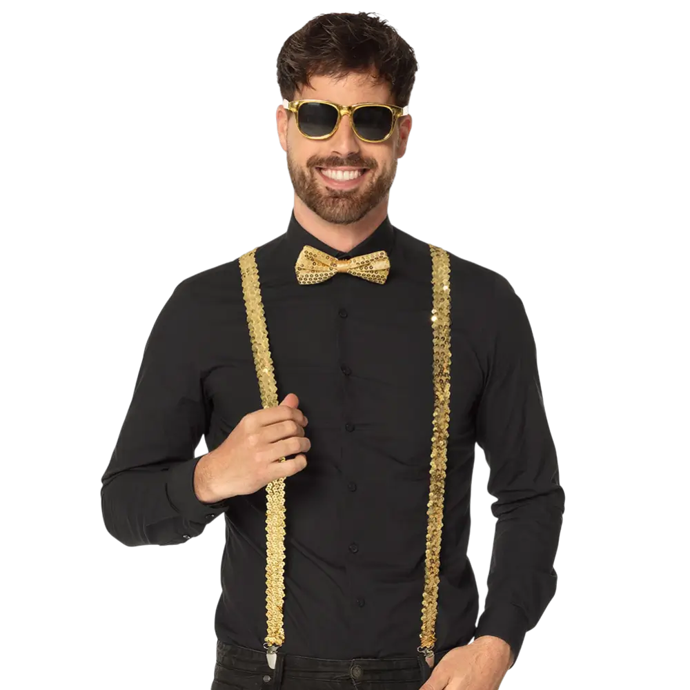 Kit Accessoires Paillettes Or – Lunettes, Nœud Papillon et Bretelles Disco