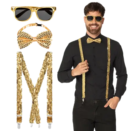Kit Accessoires Paillettes Or – Lunettes, Nœud Papillon et Bretelles Disco