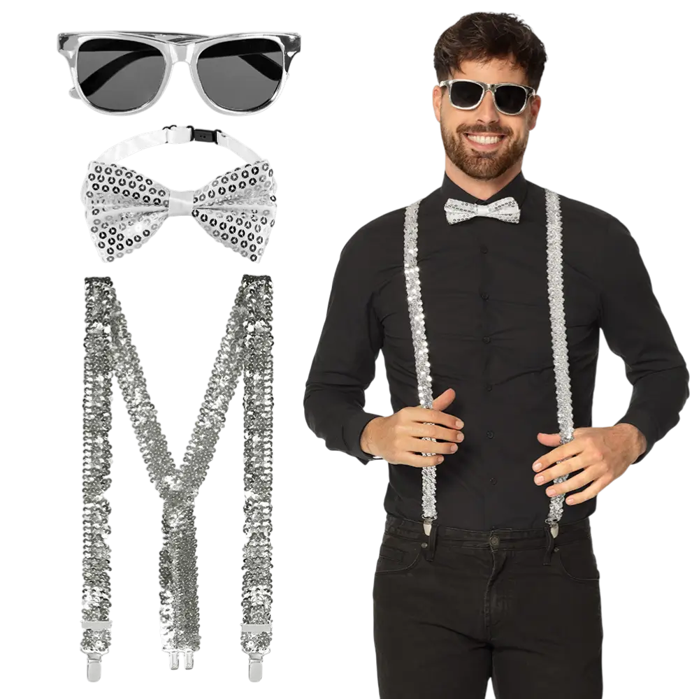 Kit Accessoires Paillettes Argent – Lunettes, Nœud Papillon et Bretelles Disco