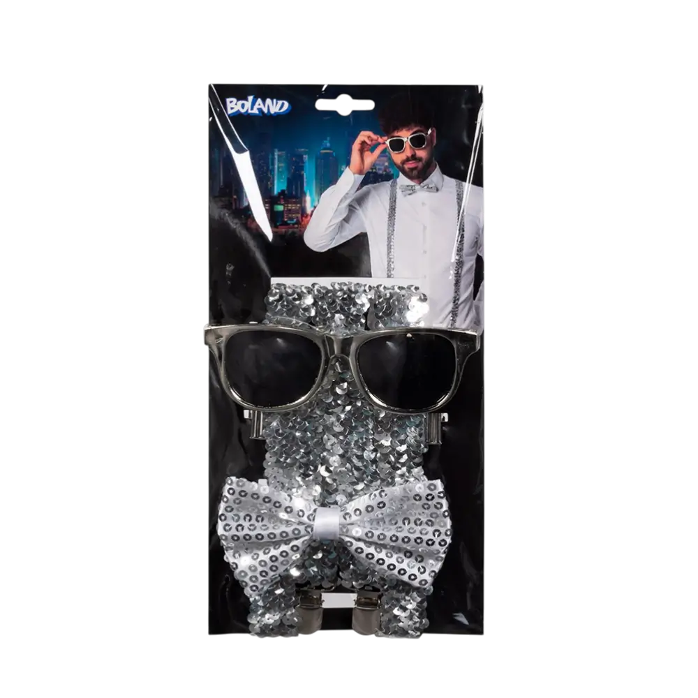 Kit Accessoires Paillettes Argent – Lunettes, Nœud Papillon et Bretelles Disco