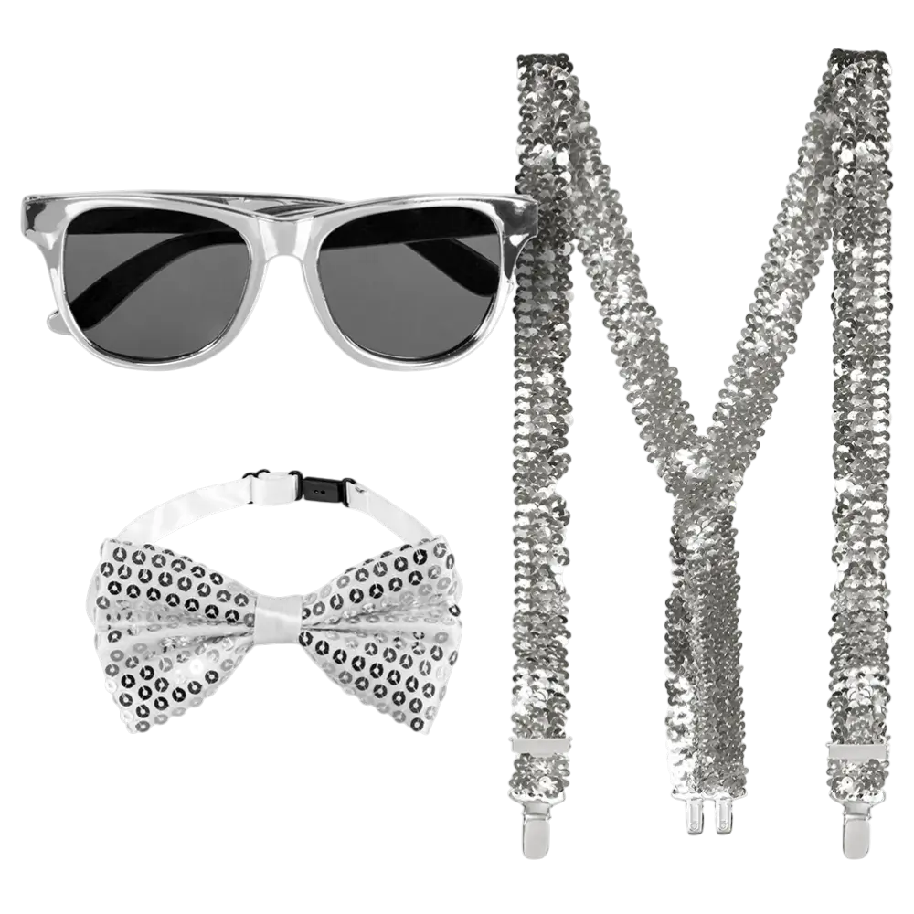 Kit Accessoires Paillettes Argent – Lunettes, Nœud Papillon et Bretelles Disco