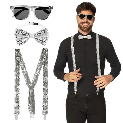 Kit Accessoires Paillettes Argent – Lunettes, Nœud Papillon et Bretelles Disco
