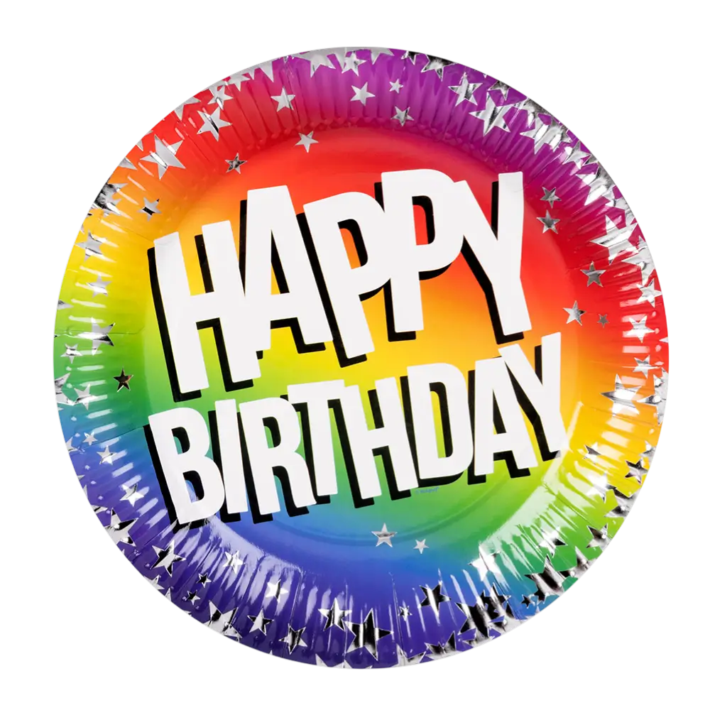 Lot 10 Assiettes Papier Anniversaire Arc-en-ciel – Happy Birthday Ø 23 cm