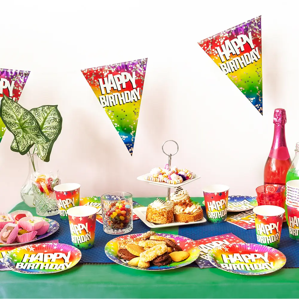 Lot 10 Assiettes Papier Anniversaire Arc-en-ciel – Happy Birthday Ø 23 cm