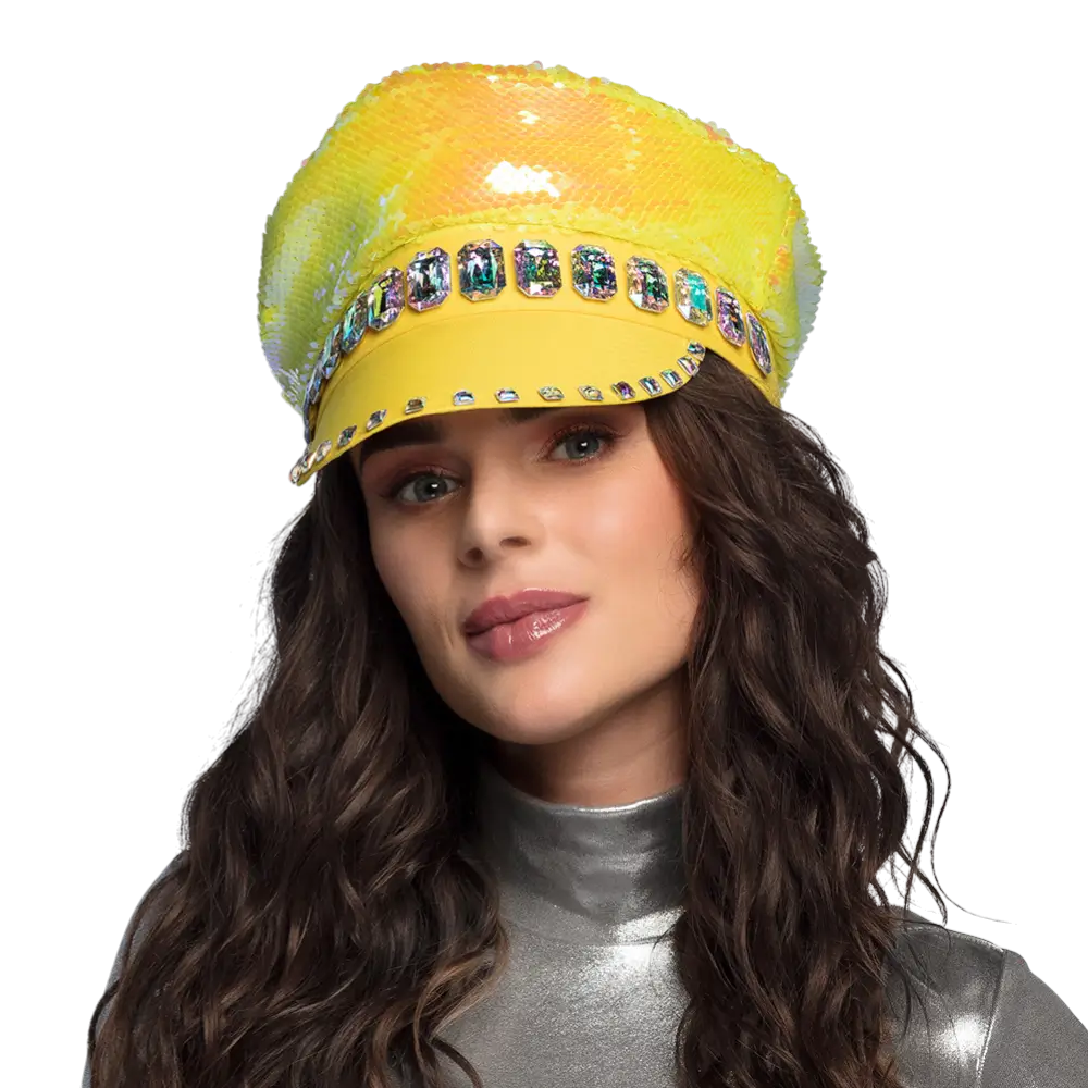 Casquette Sandy Candy Jaune – Casquette Paillettes Réversibles Fête &amp; Festival